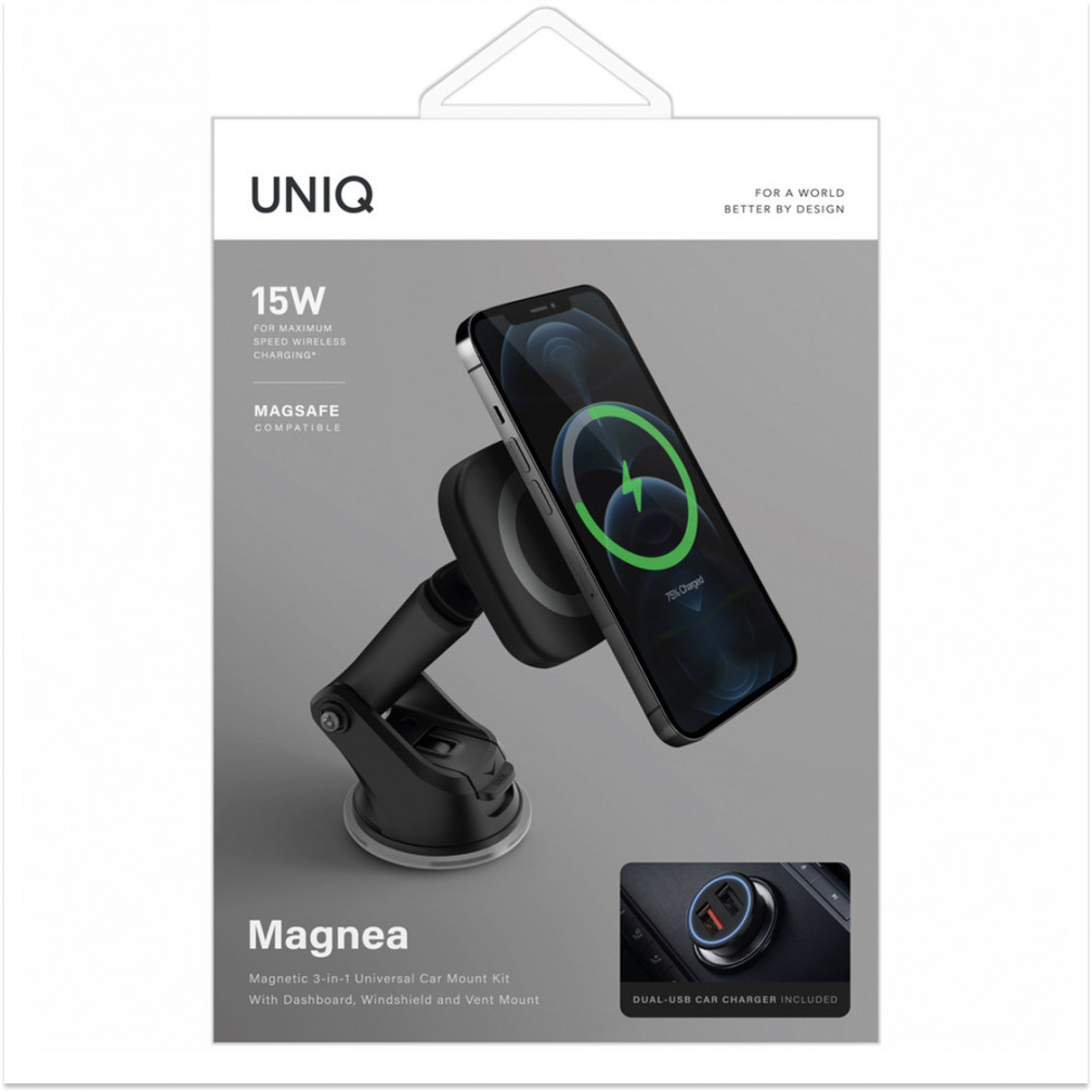 Автомобильный магнитный держатель Uniq Magnea Magnetic wireless с MagSafe, 7.5 Вт. Цвет: серый