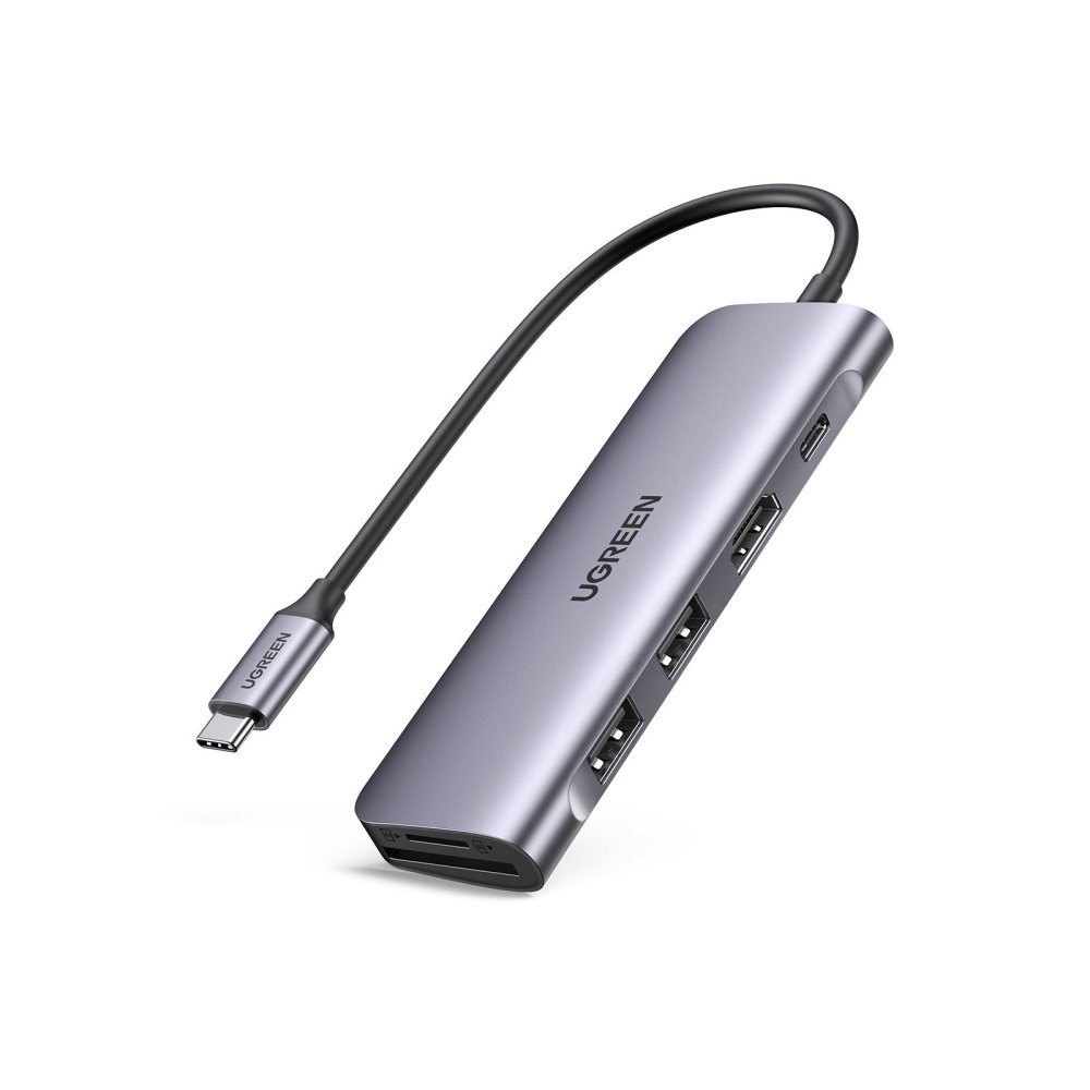 Хаб UGREEN CM195 USB C to 2×USB 3.0+USB-C+HDMI+SD/TF+PD Converter. Цвет: серый космос