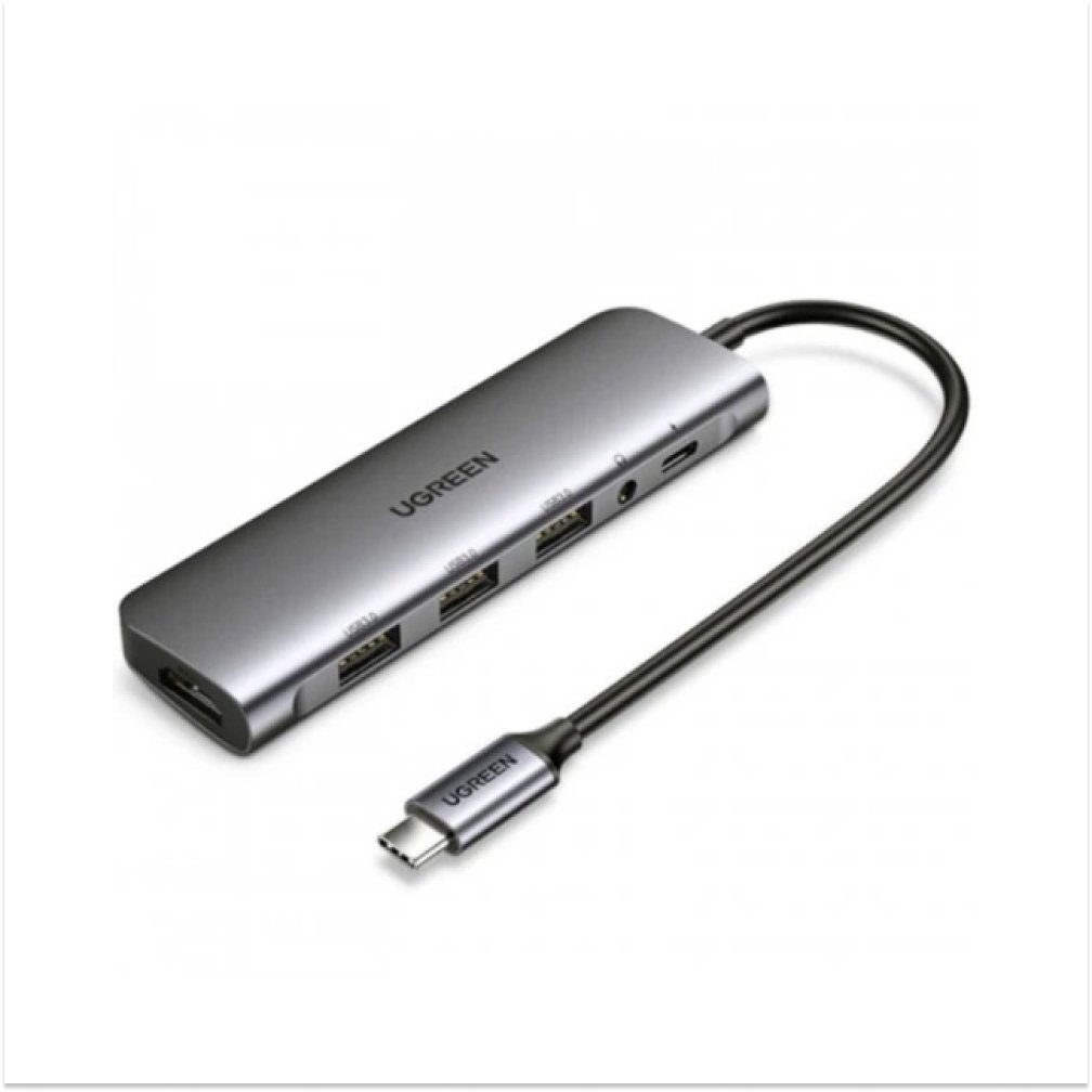 Хаб UGREEN CM136 USB C to 3×USB 3.0+HDMI+3.5mm (2-in-1)+PD Adapter. Цвет: серый