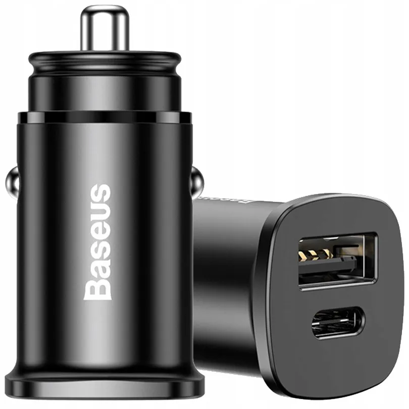 Автомобильное зарядное устройство Baseus Square metal USB-C PD, USB-А QC 4.0, 30 Вт. Цвет: черный