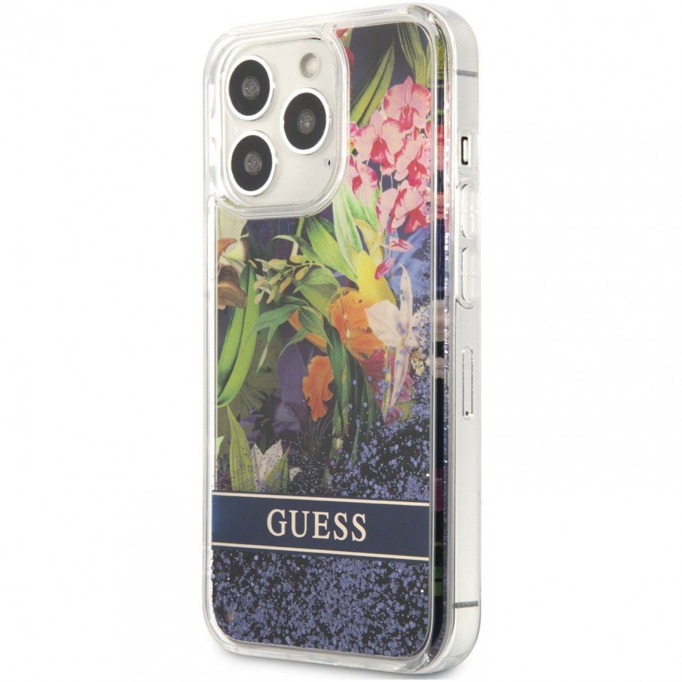 Чехол Guess для iPhone 13 Pro Liquid Glitter Flower Hard. Цвет: синий