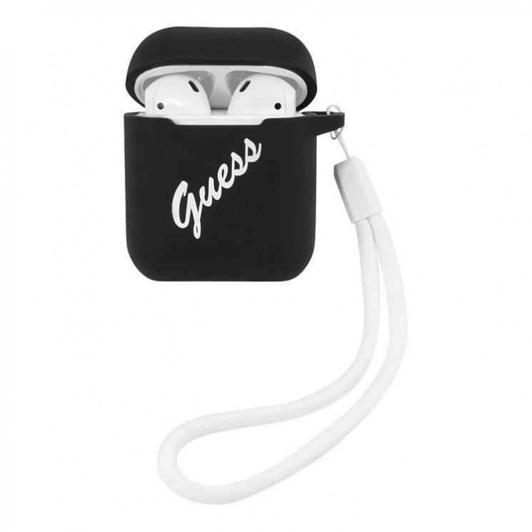 Чехол Guess Script logo для Airpods 1/2 силиконовый со шнурком. Цвет: чёрный/белый