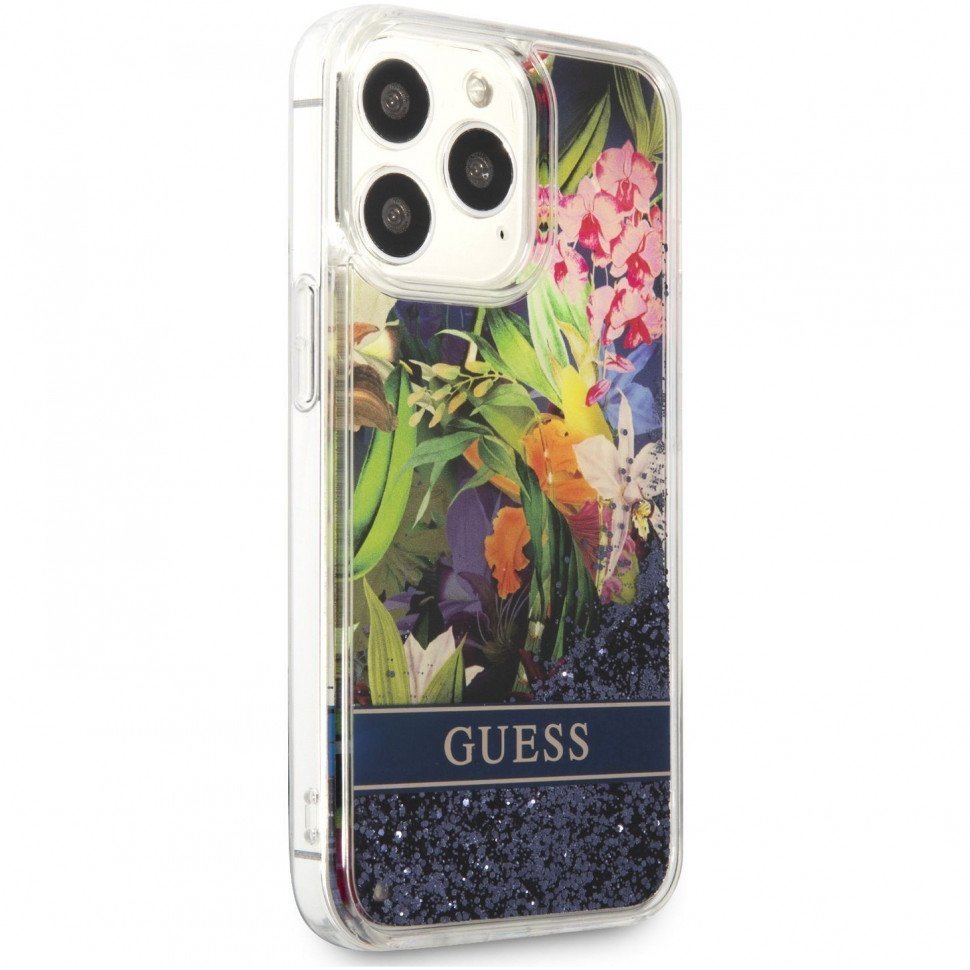 Чехол Guess для iPhone 13 Pro Liquid Glitter Flower Hard. Цвет: синий