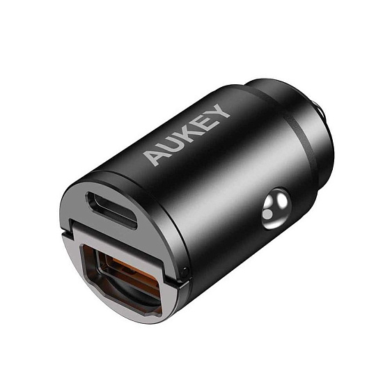 Автомобильное зарядное устройство Aukey с 2 портами 30W, USB-C, USB-A. Цвет: чёрный