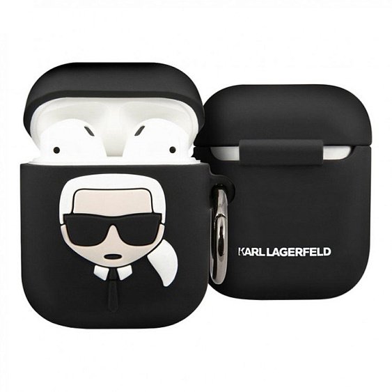 Чехол Lagerfeld Karl для Airpods 1/2 силиконовый с кольцом. Цвет: чёрный