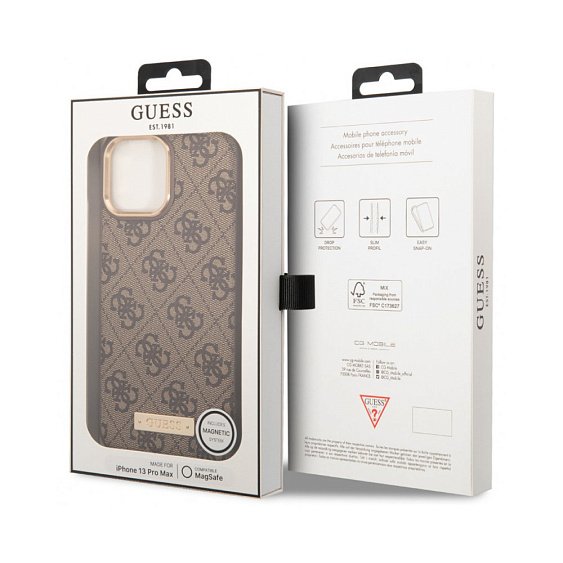 Чехол Guess для iPhone 13 Pro Max PU 4G Plate metal logo (MagSafe). Цвет: коричневый