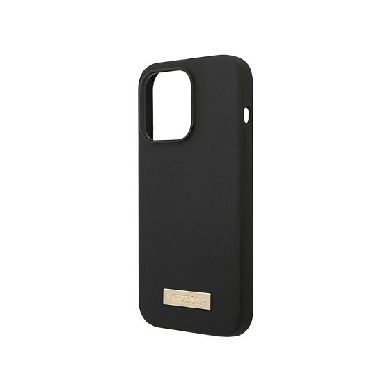 Чехол Guess для iPhone 14 Liquid silicone Plate metal logo Hard (MagSafe). Цвет: чёрный