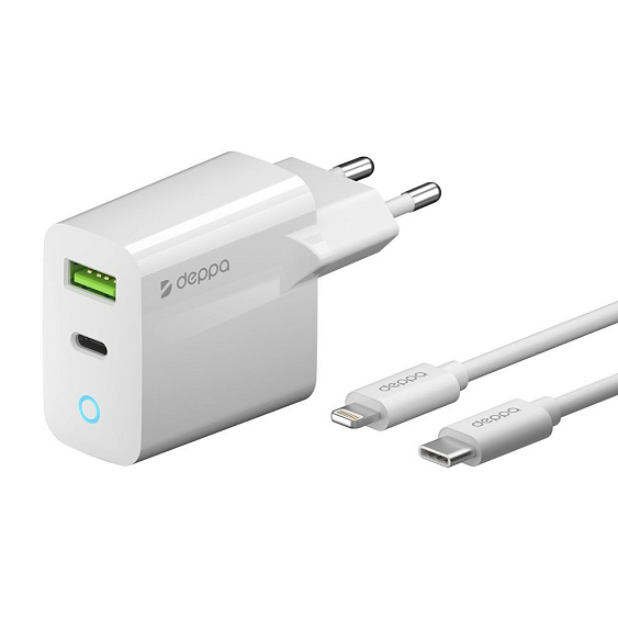 Адаптер питания Deppa USB-C, USB-A, PD 3.0, QC 3.0, 20W, кабель USB-C — Lightning, 1.2м. Цвет: белый