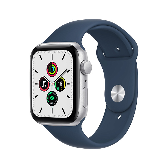 Apple Watch SE, 44мм, корпус из алюминия серебристого цвета, спортивный рем. цвета "синий омут"