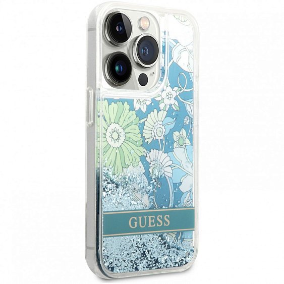 Чехол Guess для iPhone 14 Pro Liquid Glitter Flower Hard. Цвет: зелёный
