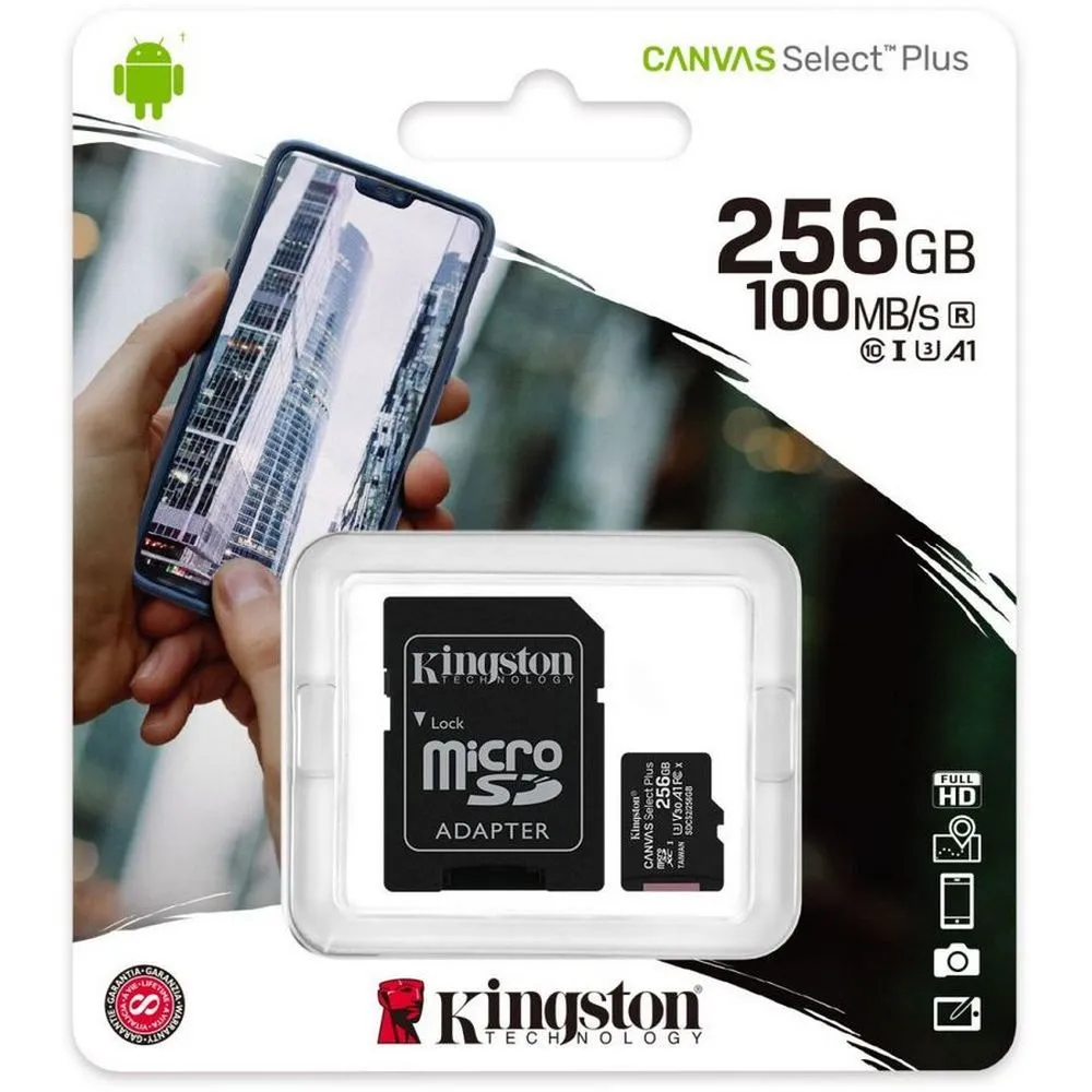 Карта памяти Kingston Canvas Select 80R micro SDXC 256GB + SD Adapter cl10, A1, UHS cl3, video cl30