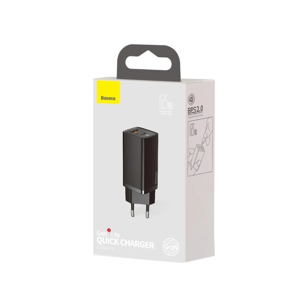 Адаптер питания Baseus GaN2 Lite Quick Charger USB-A, USB-C, 65 Вт. Цвет: чёрный